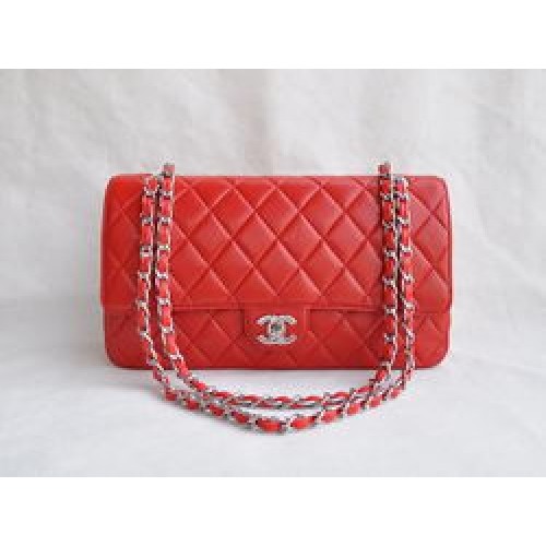 Chanel Classic 2.55 Series Borsa con patta trapuntata in pelle di agnello rossa argento 1113