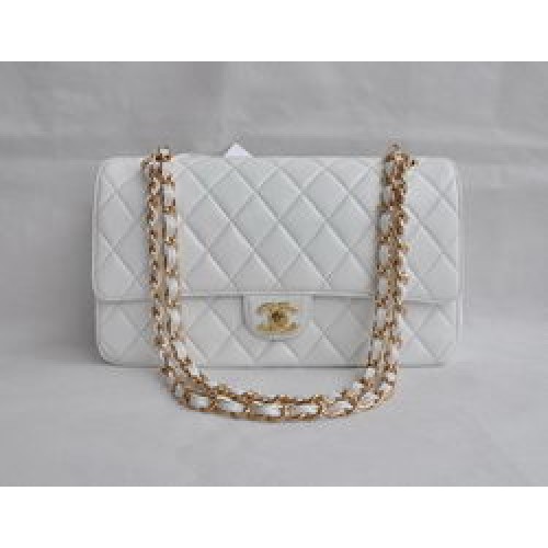 Chanel Classic 2.55 Series Borsa con patta trapuntata a catena dorata in pelle di agnello bianca 1113