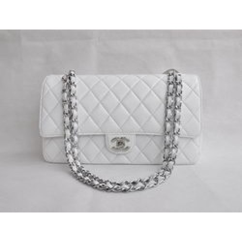 Chanel Classic 2.55 Series Borsa con patta trapuntata a catena in pelle di agnello bianca argento 1113