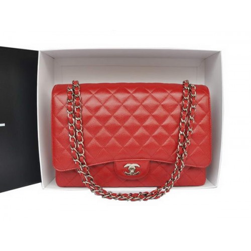 Alta qualità Chanel Classic A36070 Borsa grande con patta in pelle a grana originale rossa argento