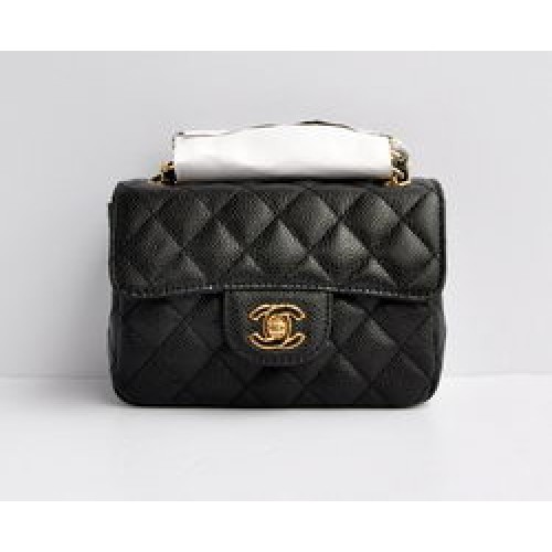 Borsa con patta trapuntata a catena dorata Chanel Classic Black Caviar