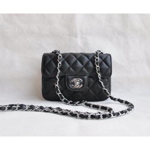 Chanel Borsa classica con patta trapuntata in pelle di agnello nera argento 1115