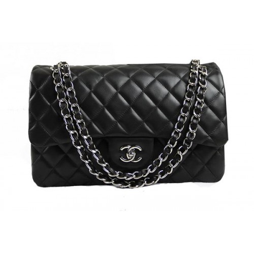 Borsa classica con patta Chanel 1113 nera originale in pelle di montone argento