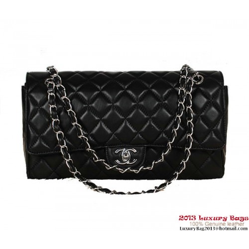 Chanel Classic Flap Bag 1113 Pelle di pecora nera argento