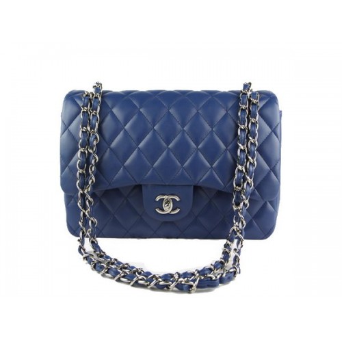 Chanel Classic Flap Bag 1113 RoyalBlue originale in pelle di montone argento