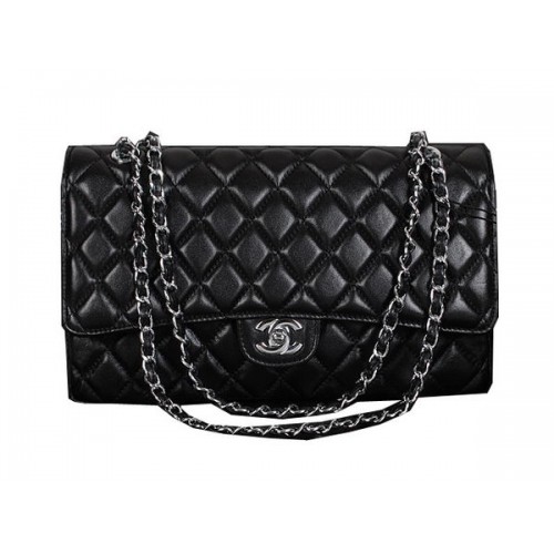Chanel Classic Flap Bag 1119 Pelle di pecora nera argento