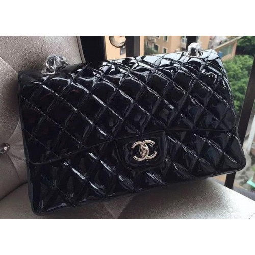 Chanel Borsa Classica Flap Nera Pelle Verniciata Originale A1113 Argento
