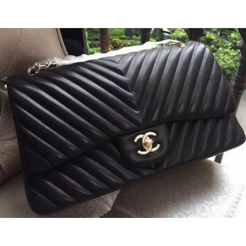 Chanel Classic Flap Bag Black Sheepskin Chevron Quilting A1113 Gold