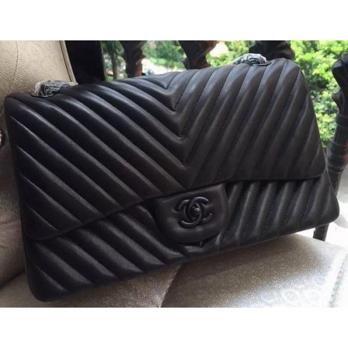 Chanel Classic Flap Bag Black Sheepskin Chevron Quilting A1113 Silver