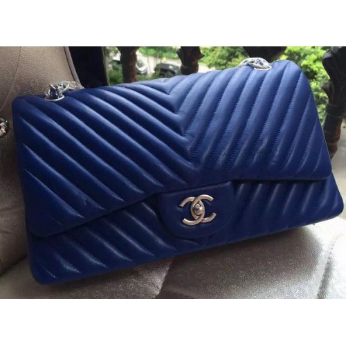 Chanel Classic Flap Bag Blue Sheepskin Chevron Quilting A1113 Argento