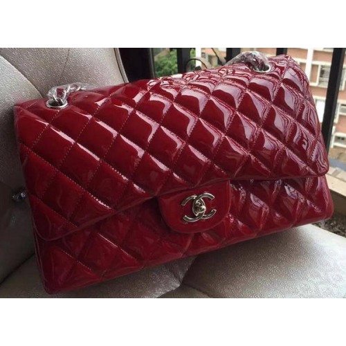 Borsa classica con patta Chanel Borgogna Pelle verniciata originale A1113 Argento