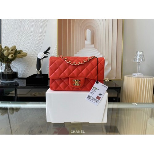 Chanel Classic Flap Bag Pelle di montone originale A1116 Rosso brillante e metallo color oro