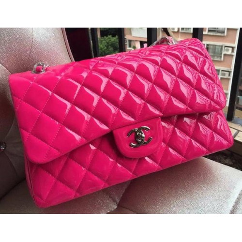 Borsa classica con patta Chanel Rosa Pelle verniciata originale A1113 Argento