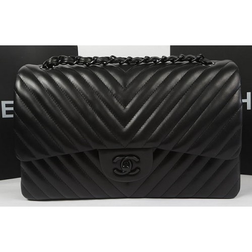 Borsa classica con patta Chanel Pelle di pecora Chevron Quilting A1113 nera