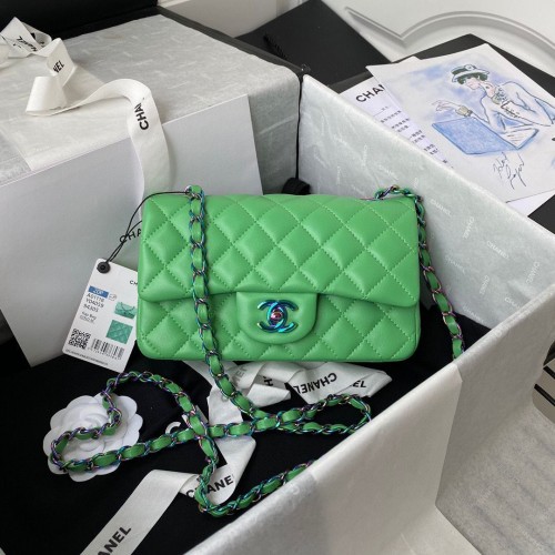 Chanel Borsa a tracolla classica con patta Pelle di montone originale Colori Fibbia A01116 Verde e blu