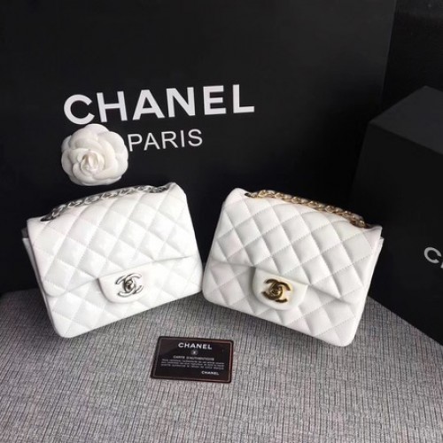 Mini borsa Chanel Classic Flap in pelle originale A1115 bianca