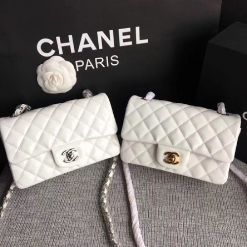Borsa mini Chanel Classic Flap in pelle originale A1117 bianca