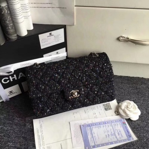 Borsa a mano classica Chanel Tweed ricamato metallo tono argento A01112 nero