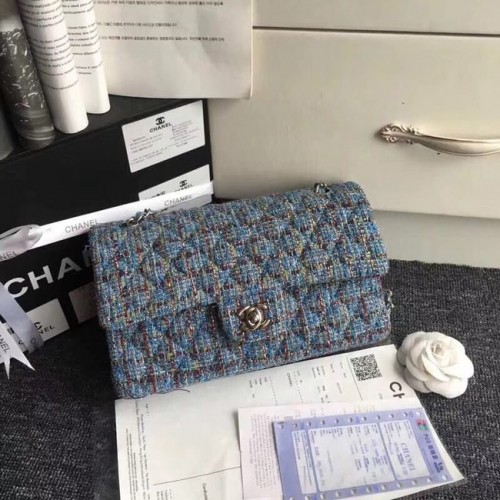 Borsa a mano classica Chanel in tweed ricamato in metallo color argento A01112 blu