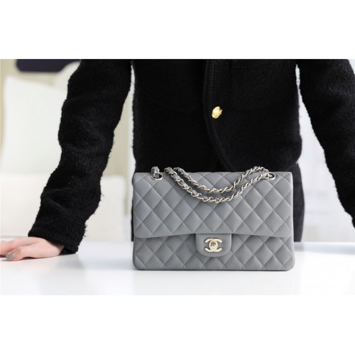 Borsa Chanel Classic Pelle di vitello granulata metallo tono argento A1112 grigio
