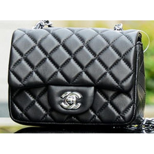 Chanel Classic MINI Flap Bag Pelle di pecora nera A37585 Argento