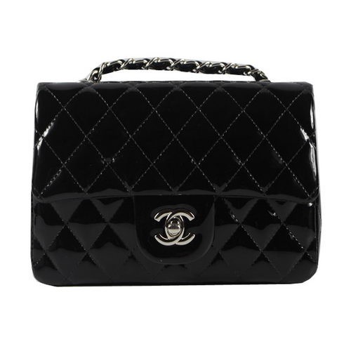 Borsa con patta Chanel Classic MINI CF1119 Pelle verniciata nera argento