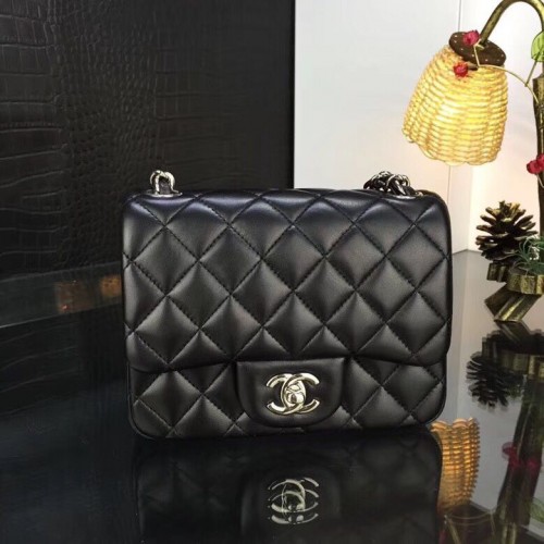 Borsa con patta Chanel Classic MINI Pelle di montone originale A1115 Catena nera
