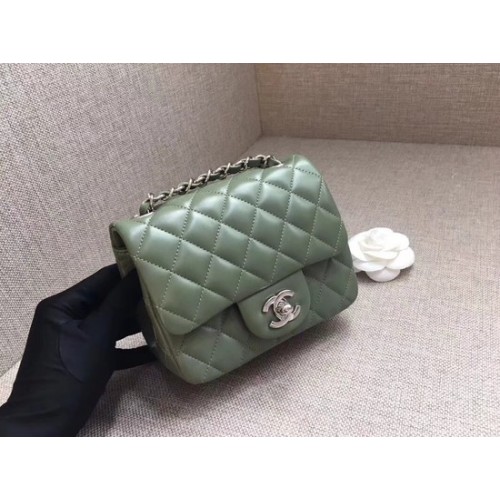 Chanel Classic MINI Flap Bag originale in pelle di montone A1115 catena d'argento verde