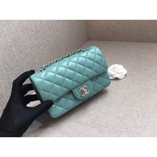 Borsa con patta Chanel Classic MINI originale in pelle di montone A1116 Catena d'argento azzurra