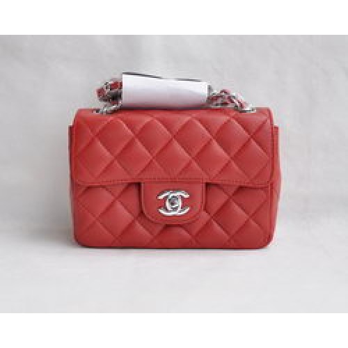 Borsa Chanel classica con patta trapuntata in pelle di agnello rossa argento 1115