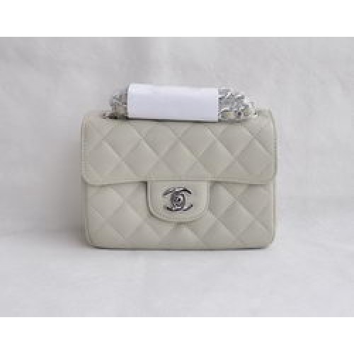 Borsa Chanel Classic Rice in pelle di agnello bianca con patta trapuntata a catena in argento 1115