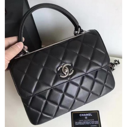 Chanel Borsa classica con patta superiore nera Pelle di montone originale A92236 Argento