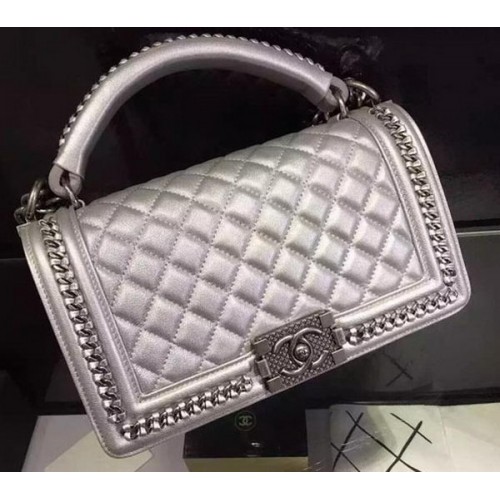Borsa classica con patta superiore Chanel in pelle originale A90095 argento
