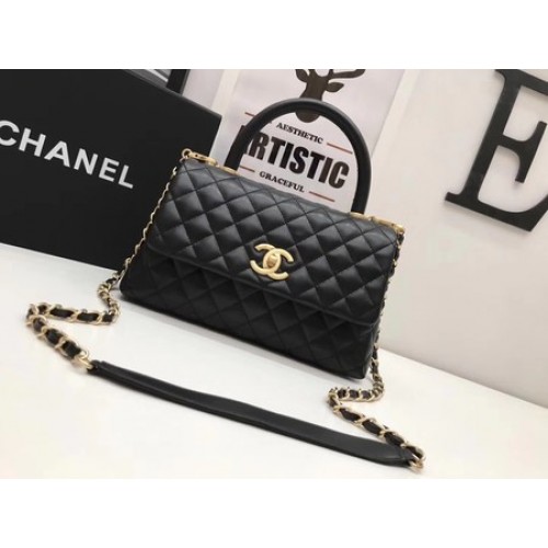 Borsa Chanel Classic con manico superiore in pelle nera originale A92991 oro