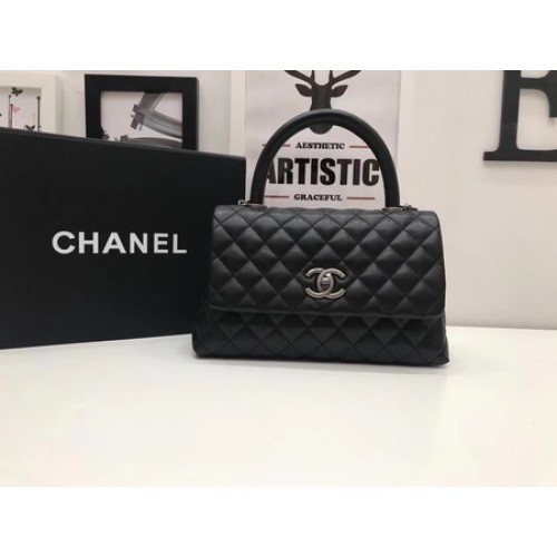 Chanel Borsa classica con manico superiore in pelle nera originale A92991 argento