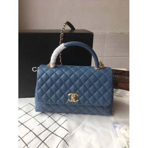 Chanel Borsa classica con manico superiore blu in pelle originale A92292 oro