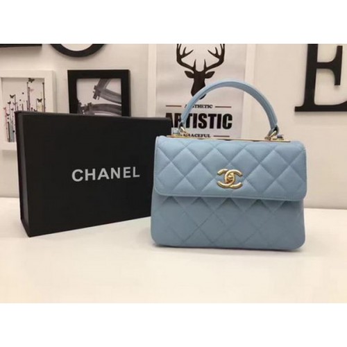 Chanel Borsa classica con manico superiore in pelle di montone blu A92991 oro