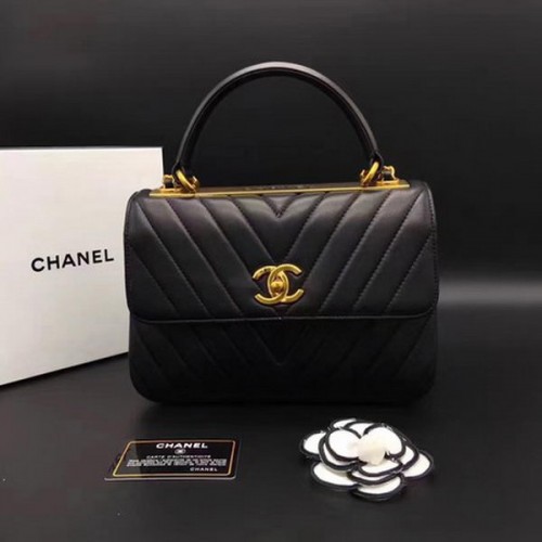 Borsa Chanel classica con manico superiore Chevron in pelle di montone CHA2371 nera