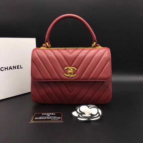 Borsa Chanel classica con manico superiore Chevron in pelle di montone CHA2371 rossa