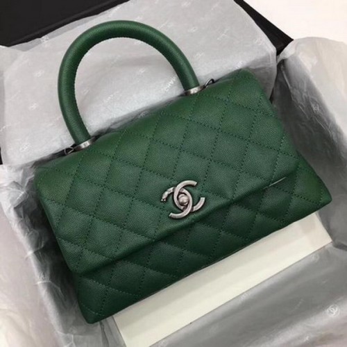 Chanel Classic Top Handle Bag Green Cannage Pattern A92290 Argento