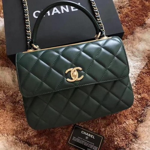 Chanel Borsa classica con manico superiore in pelle di montone verde A92991 oro