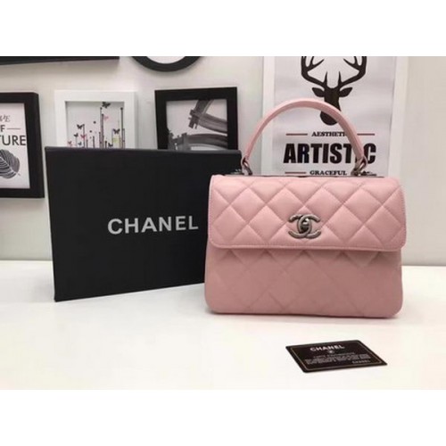Chanel Borsa classica con manico superiore Pelle di montone rosa A92991 Argento