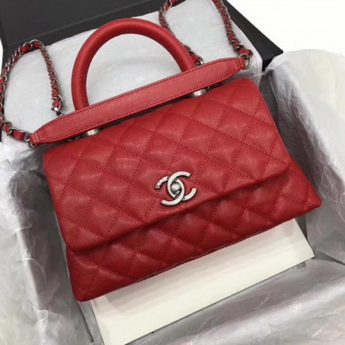 Chanel Classic Top Handle Bag Red Cannage Pattern A92290 Argento
