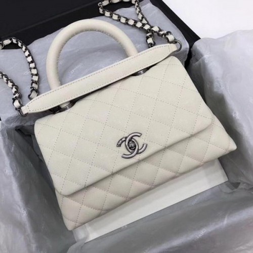 Chanel Classic Top Handle Bag White Cannage Pattern A92290 Argento