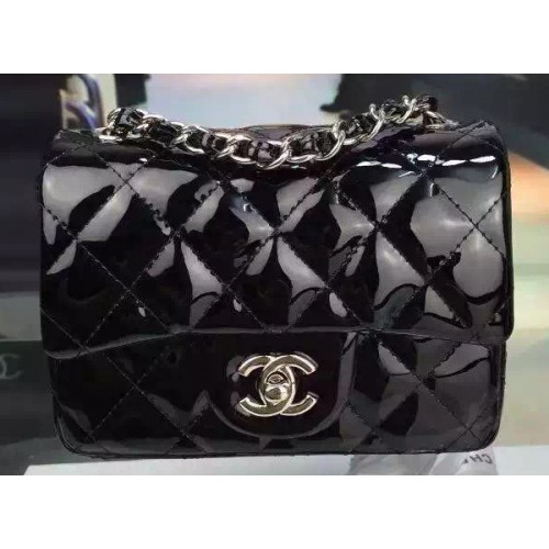 Chanel Classic mini borsa con patta nera in pelle verniciata originale CF7171 argento