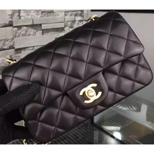 Chanel Classic mini borsa con patta in pelle di montone nera A67350 oro