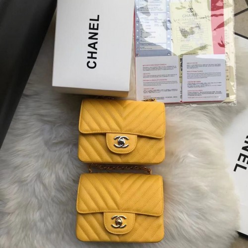 Chanel Classic mini Flap Bag Chevron Caviar Leather A68748 Giallo