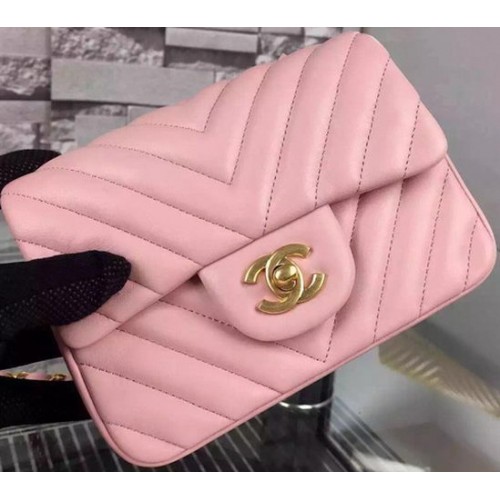 Chanel Classic mini borsa con patta Chevron in pelle di montone A68748 rosa