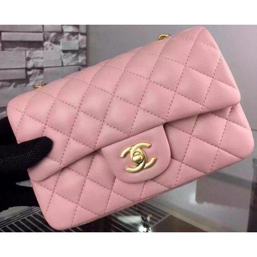 Chanel Classic mini borsa con patta in pelle di montone rosa A67350 oro