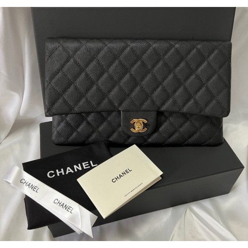 Pochette Chanel in pelle di caviale nera 7013 oro